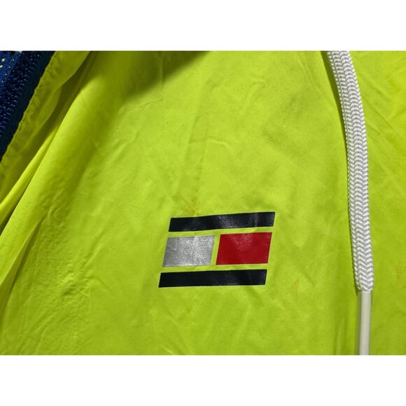90s Tommy Hilfiger Mens Neon Green Yellow Hooded Windbreaker Jacket M Spell Out - Picture 13 of 13